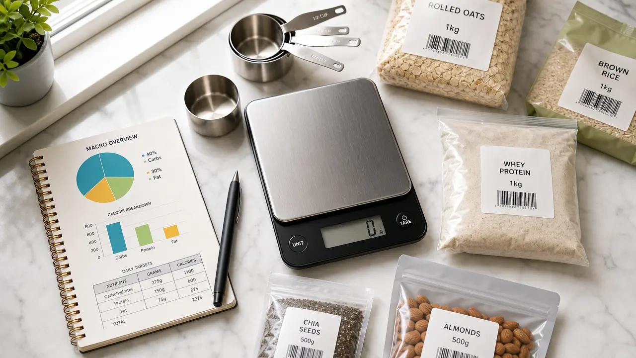 Kitchen scale and food items arranged for macro tracking on a countertop