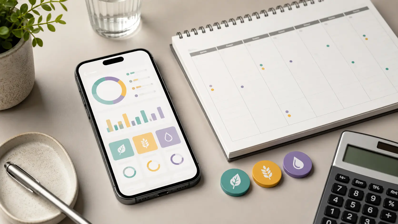 Smartphone and calculator with macro planning items on a desk